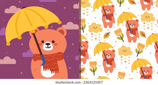seamless pattern and card cartoon bear with umbrella, leaves and autumn vibes element. cute autumn wallpaper and card for holiday. design for fabric, flat design, gift wrap paper