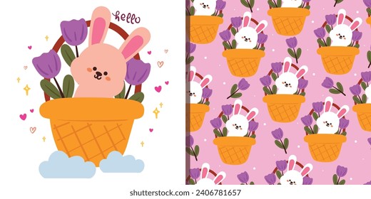 seamless pattern and card cartoon bunny inside a basket with sky element. cute animal wallpaper and card for textile, gift wrap paper