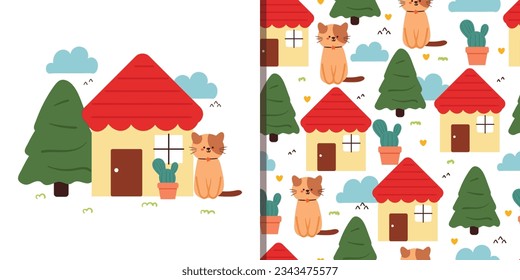 seamless pattern and card cartoon cat with cute little house and tree. cute animal card and pattern for gift wrap paper