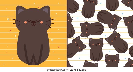 seamless pattern and card with cartoon cat. cute set of animal wallpaper and card