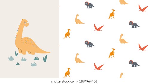 Seamless pattern and card with cute dinosaurs. Prehistoric era. Children's illustration.