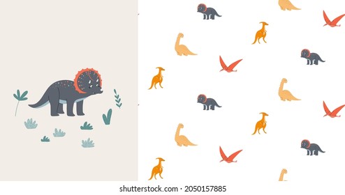 Patrón y tarjeta sin inconvenientes con los lindos dinosaurios. Era prehistórica. Ilustración infantil.