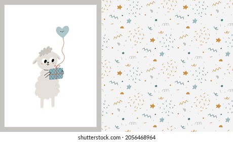 Nahtlose Muster und Karte mit süßen kleinen Schafen mit Geschenkbox und Ballon. Kinderillustration.