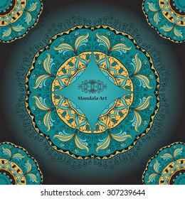 Seamless pattern or card with mandala.Hand-drawn highly detailed round elements. Vector vintage decorative elements. Islam, Arabic, Indian, Turkish, Ottoman, Pakistan motifs.
