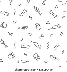 Seamless pattern for card, paper, scrapbook, wrapping, backdrop,texture. Pet background bones, paws trail, fishbone and geometric figures. Black line on white backdrop. Vector illustration 