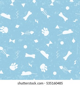 Seamless pattern for card, paper, scrapbook, wrapping, backdrop,texture. Pet background bones, paws trail, fishbone and geometric figures. Vector illustration