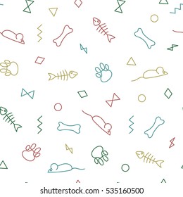 Seamless pattern for card, paper, scrapbook, wrapping, backdrop,texture. Pet background bones, paws trail, fishbone and geometric figures. Vector illustration 