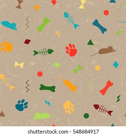 Seamless pattern for card, paper, scrapbook, wrapping, backdrop,texture. Pet background bones, paws trail, fishbone and geometric figures. Vector illustration