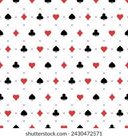 Seamless pattern with card suits. Casino gambling, poker background. Hearts, clubs, spades and diamonds shapes. Vector EPS10