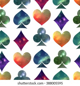 Seamless pattern with card suits. Clubs, diamonds, hearts, peak. Space background.