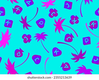 Seamless pattern with card suits: diamonds, hearts, clubs, spades in 3d style. Isometric card suit with symbols: Ace, Jack, Queen, King. Multi Colored palm trees. Vector illustration