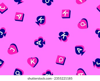Seamless pattern with card suits: diamonds, hearts, clubs, spades in 3d style. Isometric 3d card suit symbols on pink background. Design of printing, advertising and banners. Vector illustration