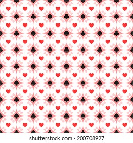 Seamless pattern of card suits, hearts, spades, diamonds, clubs 
