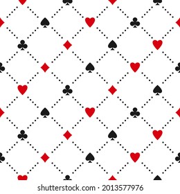 Seamless pattern with card suits - hearts, clubs, spades and diamonds. Casino gambling, poker background. Alice in wonderland ornament.