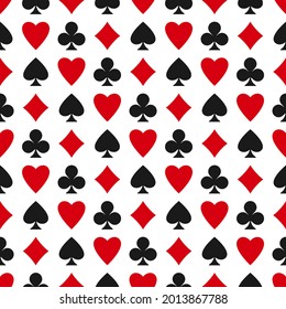 Seamless pattern with card suits - hearts, clubs, spades and diamonds. Casino gambling, poker background. Alice in wonderland ornament.