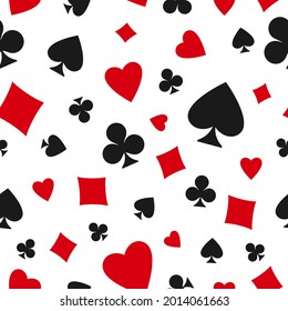 Seamless pattern with card suits - hearts, clubs, spades and diamonds. Casino gambling, poker background. Alice in wonderland ornament.