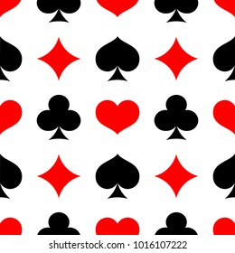 Seamless pattern with card suits. red and black vector icons on white background. Diamonds and hearts, spades and clubs.