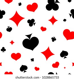 Seamless pattern with card suits. red and black vector icons on white background. Diamonds and hearts, spades and clubs.