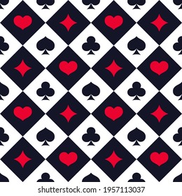 Seamless pattern with card suits. red and black vector icons as background. Diamonds and hearts, spades and clubs.