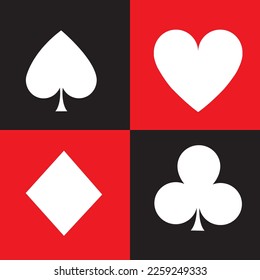 Seamless pattern with card suits. red and black vector icons as background. Diamonds and hearts, spades and clubs.