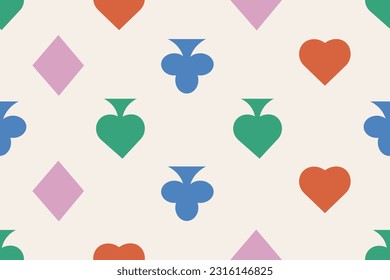 Seamless pattern with Card Suits in Retro Style. Endless ornament with the signs of diamonds, clubs, chirva and spades. Wallpaper and bed linen print. Vector illustration.