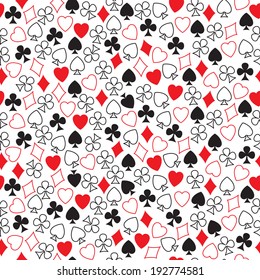 Seamless pattern of card symbols arranged randomly on white.Vector.