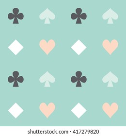 Seamless pattern of card symbols on a light green background.