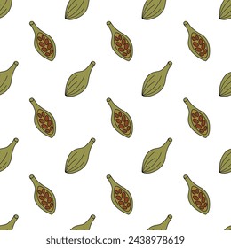 Seamless Pattern with Cardamom. Whole and half with seeds. Spice, condiment and herb background. Kitchen wallpaper. Vector flat illustration.
