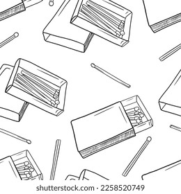 Seamless pattern with cardboard carton boxes with matches in black on white background. Hand drawn vector sketch illustration in engraving doodle outline vintage line art style. Texture, design
