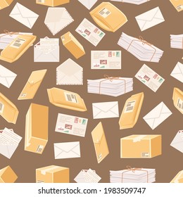 Seamless pattern cardboard and paper postal correspondence vector illustration on brown background
