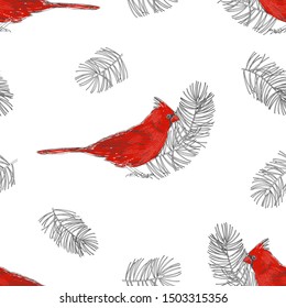 Seamless pattern with cardinal bird and pine branches on a white background. Vector. Perfect for greeting cards, invitations, and wallpaper,  wrapping, textile.