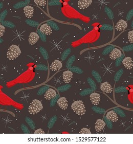 Seamless pattern with cardinal birds and cones.