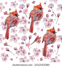 Seamless pattern. Cardinal birds and flower watercolor illustration. Print for greeting card, wallpaper, fabric, wrapping paper, banner. Vector illustration in a watercolor style.