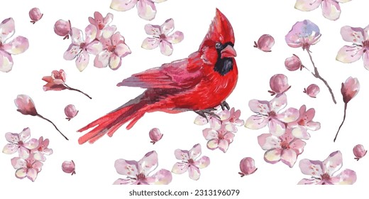 Seamless pattern. Cardinal birds and flower watercolor illustration. Print for greeting card, wallpaper, fabric, wrapping paper, banner. Vector illustration in a watercolor style.