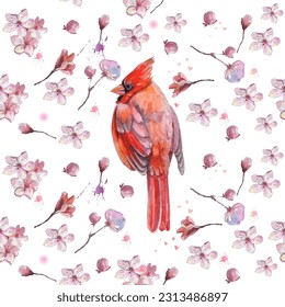 Seamless pattern. Cardinal birds and flower watercolor illustration. Print for greeting card, wallpaper, fabric, wrapping paper, banner. Vector illustration in a watercolor style.