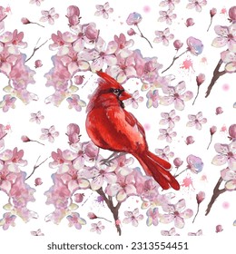 Seamless pattern. Cardinal birds and flower watercolor illustration. Print for greeting card, wallpaper, fabric, wrapping paper, banner. Vector illustration in a watercolor style.