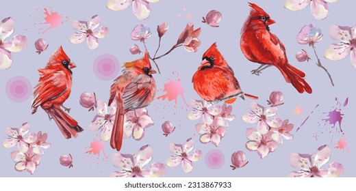 Seamless pattern. Cardinal birds and flower watercolor illustration. Print for greeting card, wallpaper, fabric, wrapping paper, banner. Vector illustration in a watercolor style.