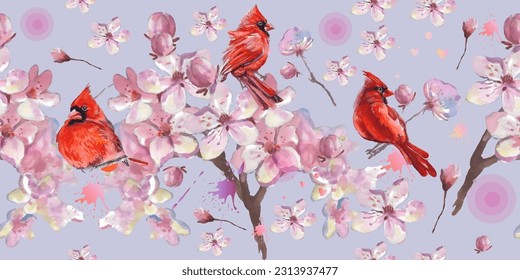 Seamless pattern. Cardinal birds and flower watercolor illustration. Print for greeting card, wallpaper, fabric, wrapping paper, banner. Vector illustration in a watercolor style.