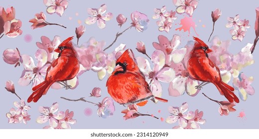 Seamless pattern. Cardinal birds and flower watercolor illustration. Print for greeting card, wallpaper, fabric, wrapping paper, banner. Vector illustration in a watercolor style.