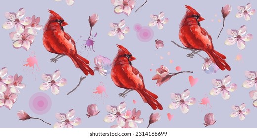 Seamless pattern. Cardinal birds and flower watercolor illustration. Print for greeting card, wallpaper, fabric, wrapping paper, banner. Vector illustration in a watercolor style.