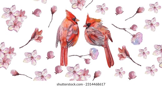 Seamless pattern. Cardinal birds and flower watercolor illustration. Print for greeting card, wallpaper, fabric, wrapping paper, banner. Vector illustration in a watercolor style.