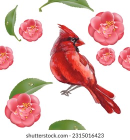 Seamless pattern. Cardinal birds and flower. Print for greeting card, wallpaper, fabric, wrapping paper, banner. Vector illustration in a watercolor style.