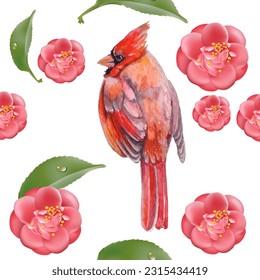 Seamless pattern. Cardinal birds and flower. Print for greeting card, wallpaper, fabric, wrapping paper, banner. Vector illustration in a watercolor style.