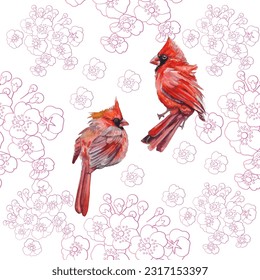 Seamless pattern. Cardinal birds and flower. Print for greeting card, wallpaper, fabric, wrapping paper, banner. Vector illustration in a watercolor style.
