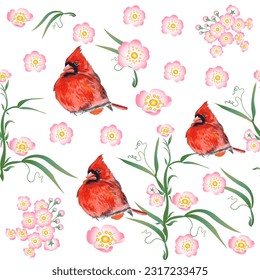 Seamless pattern. Cardinal birds and flower. Print for greeting card, wallpaper, fabric, wrapping paper, banner. Vector illustration in a watercolor style.
