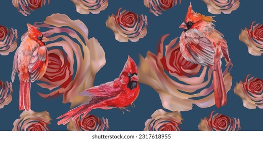 Seamless pattern. Cardinal birds and flower. Print for greeting card, wallpaper, fabric, wrapping paper, banner. Vector illustration in a watercolor style.
