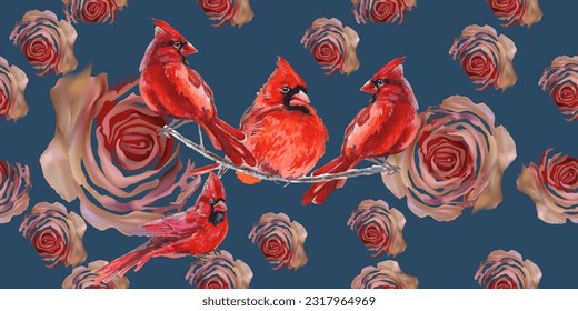 Seamless pattern. Cardinal birds and flower. Print for greeting card, wallpaper, fabric, wrapping paper, banner. Vector illustration in a watercolor style.
