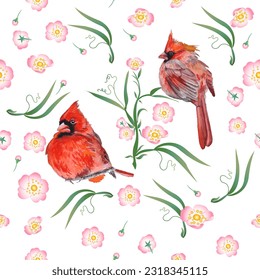 Seamless pattern. Cardinal birds and flower. Print for greeting card, wallpaper, fabric, wrapping paper, banner. Vector illustration in a watercolor style.
