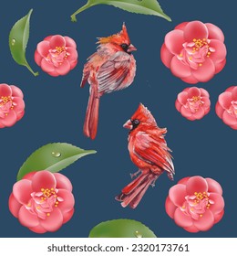 Seamless pattern. Cardinal birds and flower. Print for greeting card, wallpaper, fabric, wrapping paper, banner. Vector illustration in a watercolor style.
