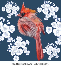 Seamless pattern. Cardinal birds and flower. Print for greeting card, wallpaper, fabric, wrapping paper, banner. Vector illustration in a watercolor style.
